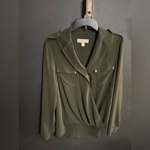 Michael Kors Army Green Cross Over Long Sleeve Hi Low Blouse Size Large